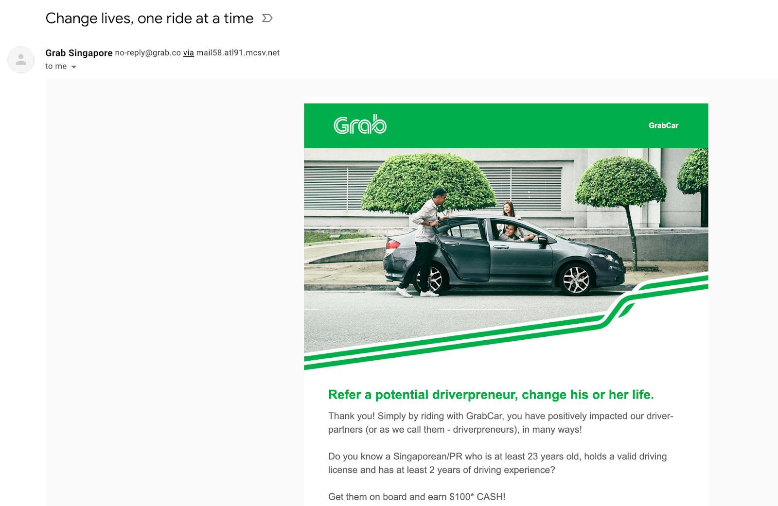 Email marketing campaign example by Grab