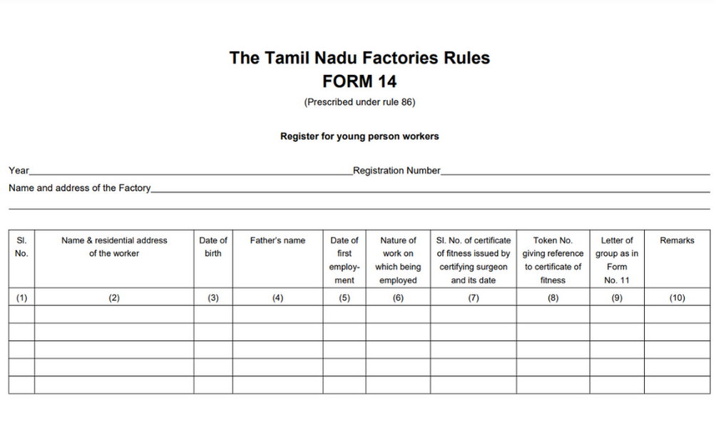 Tamil Nadu Form 14 Register For Young Person Workers