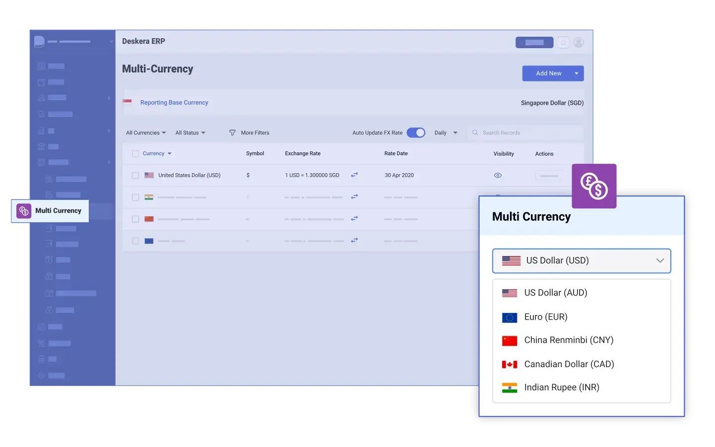 Deskera ERP supports multi-currency and global accounting