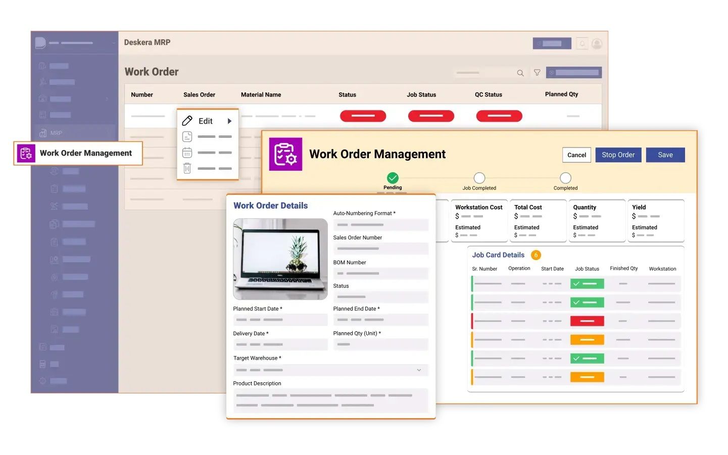 Deskera MRP offers a range of features designed to streamline and enhance work order management processes. 