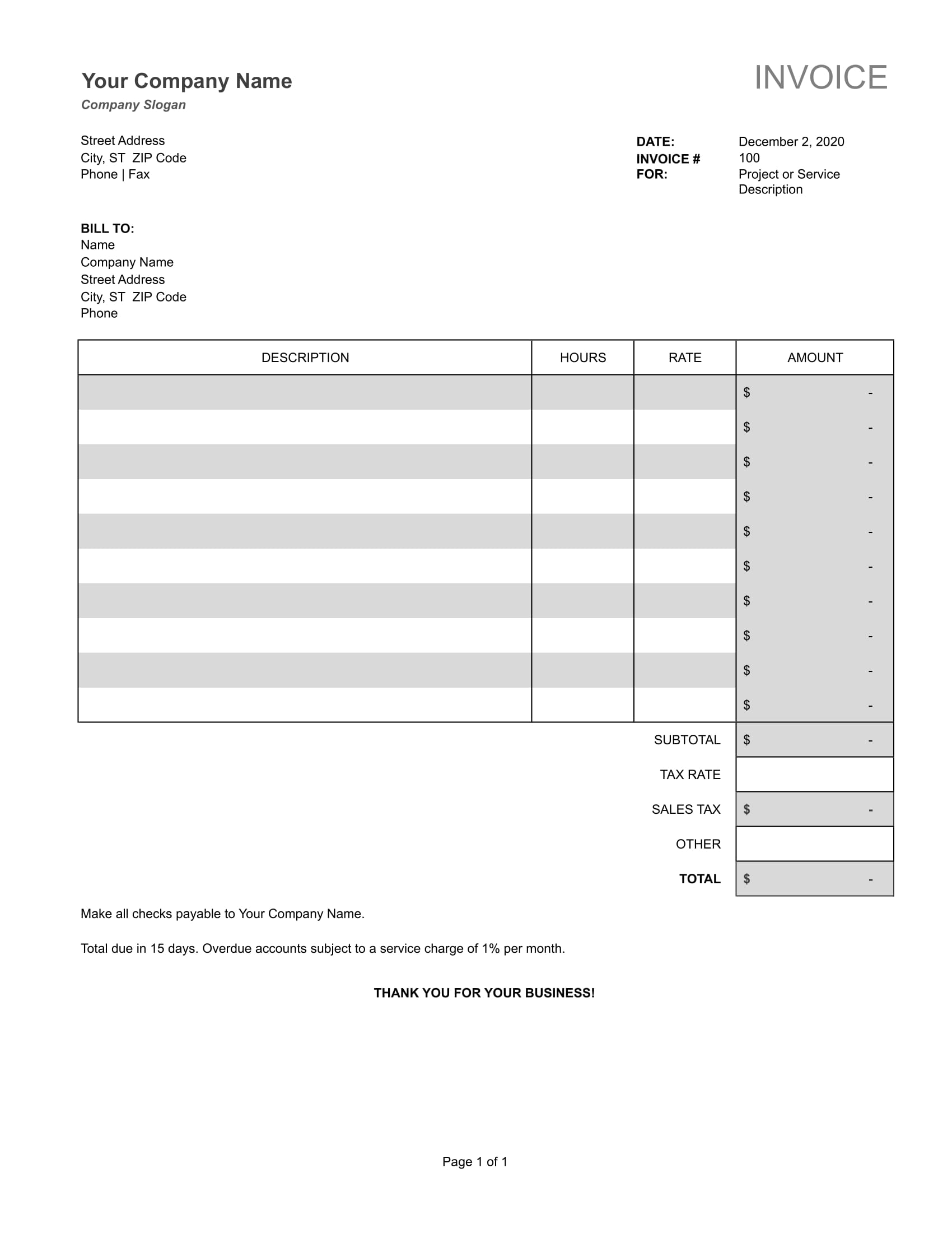 printable invoice template excel monthly billing
