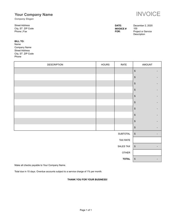 Time-based Service Excel Invoice Template