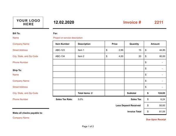 Simple Two-page Product Excel Template